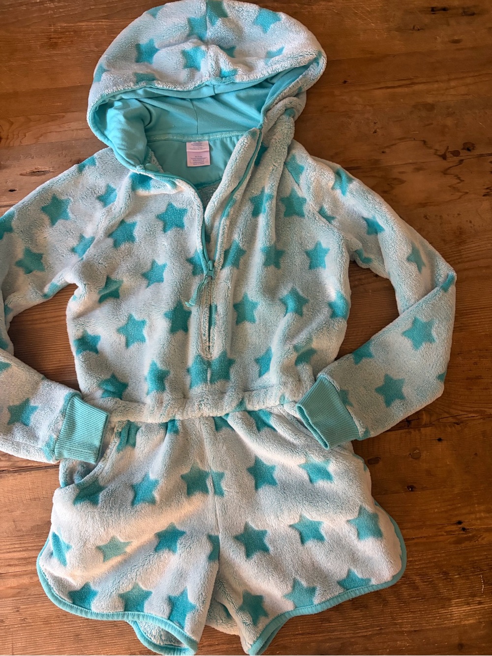 Kids Star-Print Hooded lounge Romper in Light Aqua